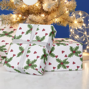 Holly and Berries On White Wrapping Paper