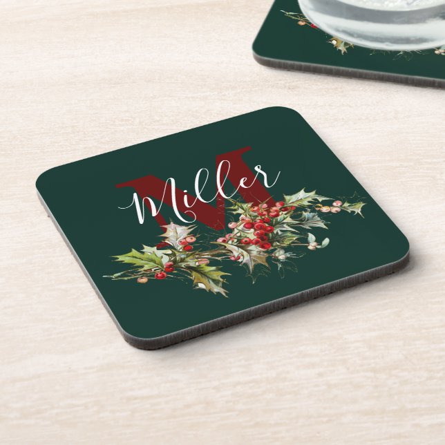 Holly and berries personalised  beverage coaster (Left Side)