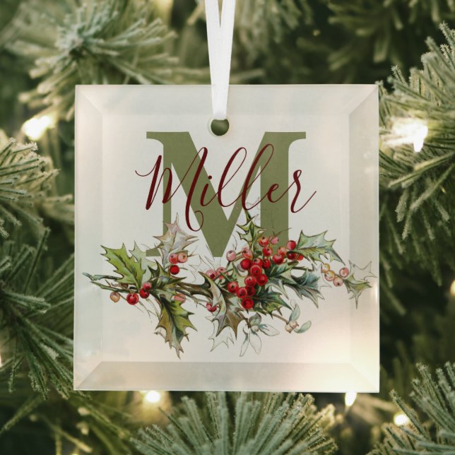 Holly and berries personalised  glass tree decoration (Insitu)