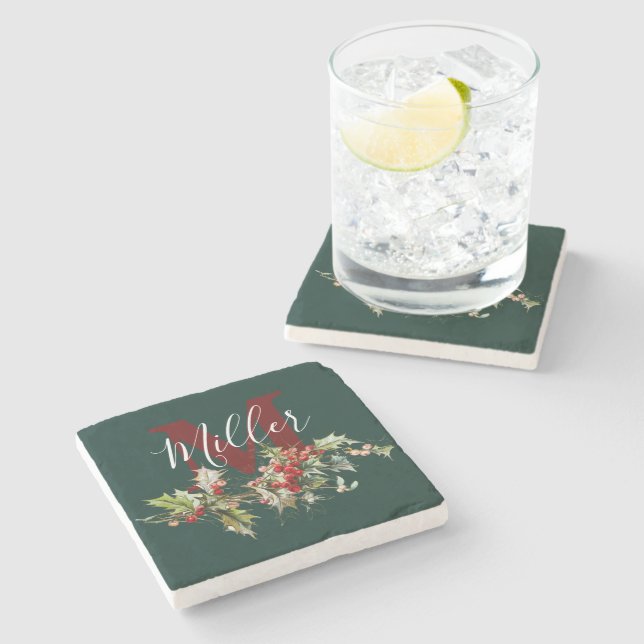 Holly and berries personalised  stone coaster (Side)