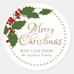 Holly and Berries Personalized Merry Christmas  Classic Round Sticker