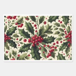 Holly and Berries Repeat Wrapping Paper Sheet