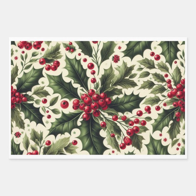 Holly and Berries Repeat Wrapping Paper Sheet (Front)