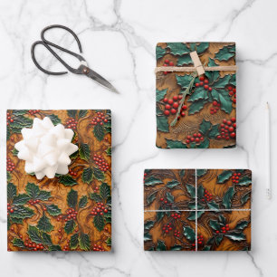 Holly and Berries Tooled Leather Look Assortment Wrapping Paper Sheet