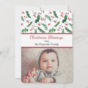 Holly and Berries Two Photo Template Holiday Card