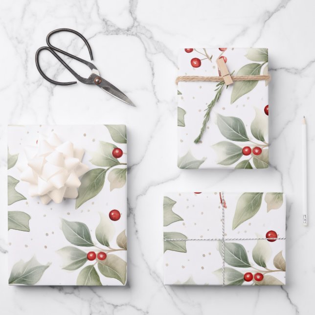 Holly and Berries Watercolor Wrapping Paper Sheet (Front)