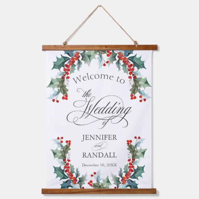 Holly and Berries Wedding Welcome  Hanging Tapestry (Front)