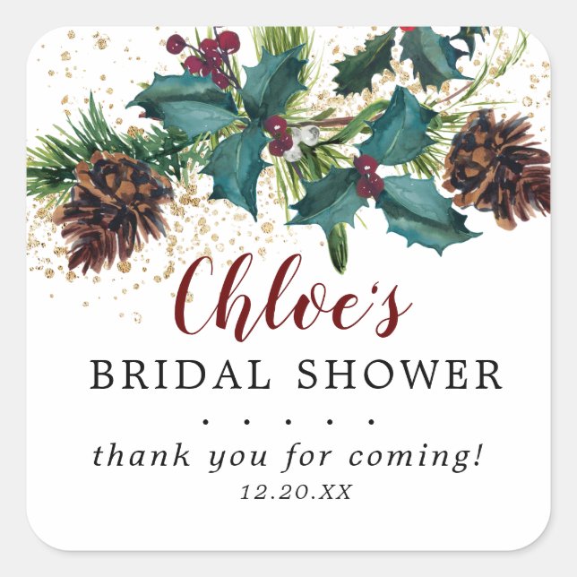 Holly and Berries Winter Botanical Bridal Shower Square Sticker (Front)