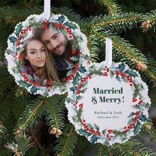 Holly and Berries Wreath Married and Merry Photo Tree Decoration Card