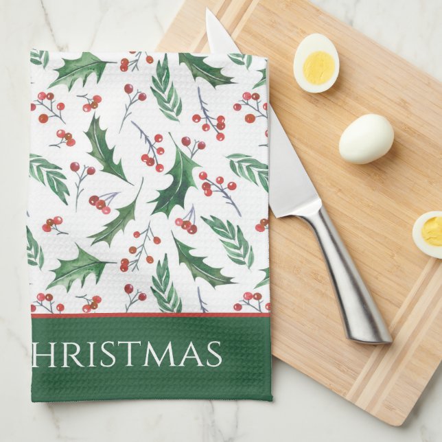 Holly and Berry Christmas Pattern  Tea Towel (Quarter Fold)