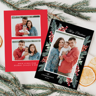 Holly and Evergreen Black Merry Christmas 3 Photo Holiday Card