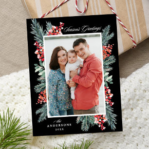 Holly and Evergreen Black Season's Greetings Photo Holiday Postcard