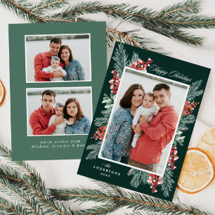 Holly and Evergreen Happy Holidays 3 Photo Holiday Card