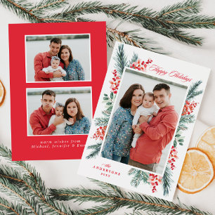 Holly and Evergreen Happy Holidays 3 Photo Holiday Card