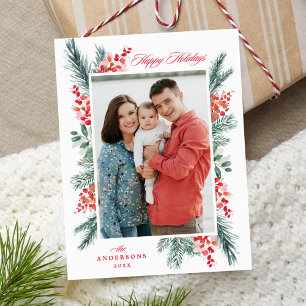 Holly and Evergreen Happy Holidays Photo Holiday Postcard
