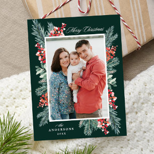 Holly and Evergreen Merry Christmas Photo Holiday Postcard