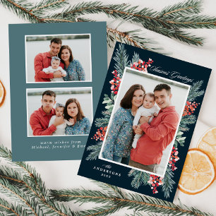 Holly and Evergreen Navy Season's Greetings Photo Holiday Card