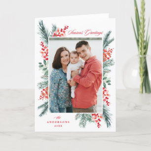 Holly and Evergreen Season's Greetings 2 Photo Holiday Card