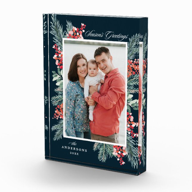 Holly and Evergreen Season's Greetings Holiday Photo Block (Right)
