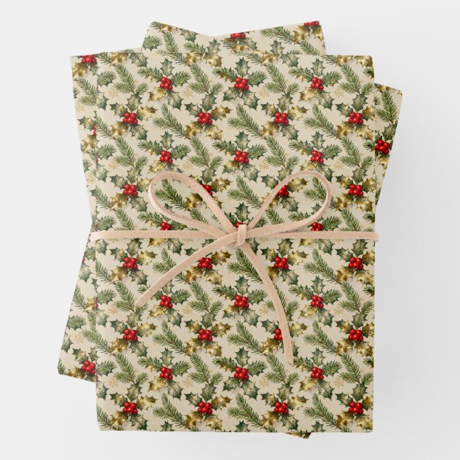 Holly and Evergreens Wrapping Paper Sheet (In situ)