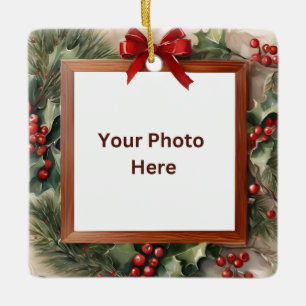 Holly and Fir Photo Frame Christmas Ceramic Ornament