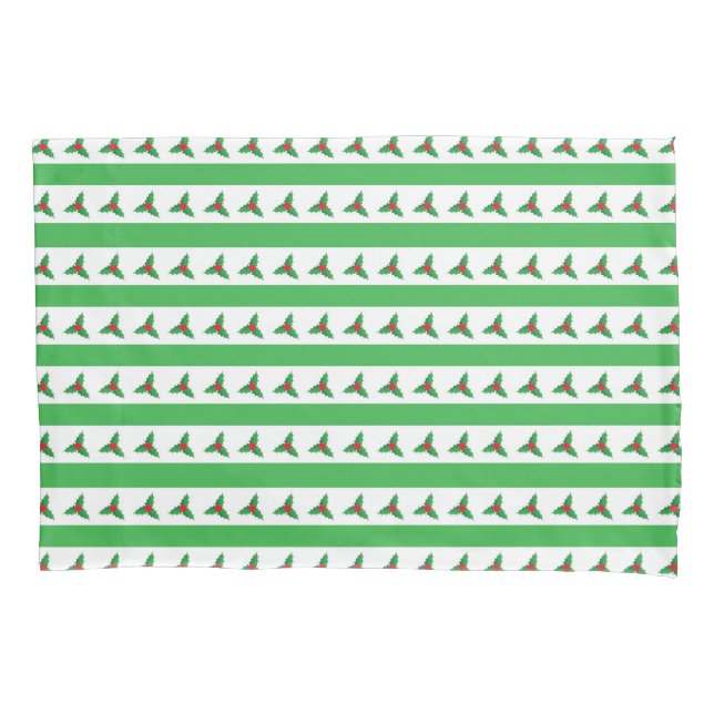Holly and Green Stripe Pattern Retro Christmas Pillowcase (Front-Left)