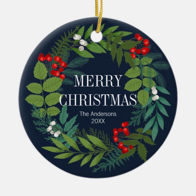 Holly And Greenery Merry Christmas Holiday Ceramic Ornament (Front)