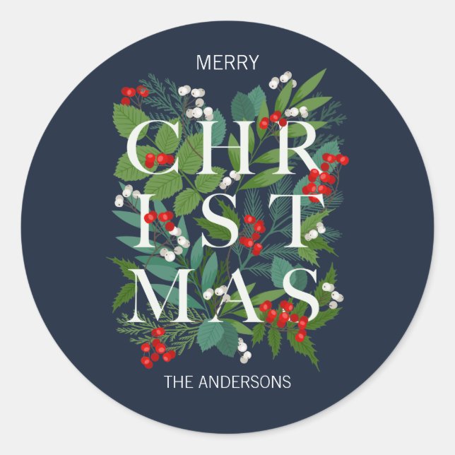 Holly And Greenery Merry Christmas Holiday Classic Round Sticker (Front)