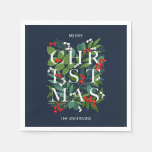 Holly And Greenery Merry Christmas Holiday Napkin