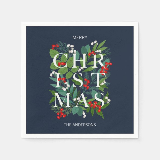 Holly And Greenery Merry Christmas Holiday Napkin (Front)