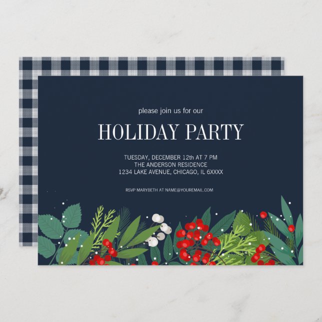Holly And Greenery Merry Christmas Holiday Party Invitation (Front/Back)