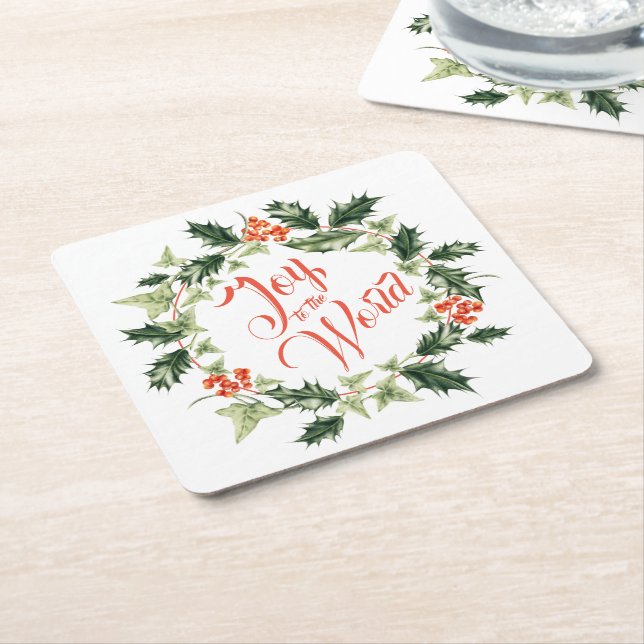 Holly and Ivy Botanical Wreath Square Paper Coaster (Angled)