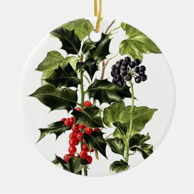holly and ivy design Christmas Ceramic Ornament (Front)
