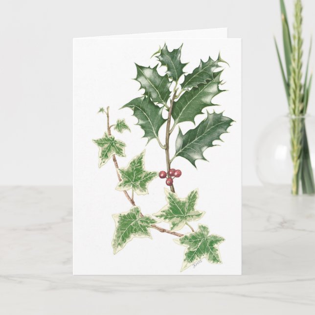 Holly and Ivy Sprigs in Botanical Watercolour Holiday Card (Front)