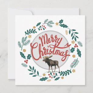 Holly And Leaf Circle Moose Christmas Holiday Card