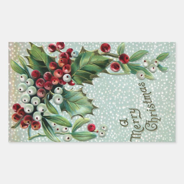 Holly and Mistletoe Vintage Christmas Rectangular Sticker (Front)