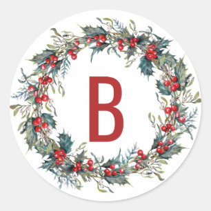 Holly and Mistletoe Wreath Monogram Stickers
