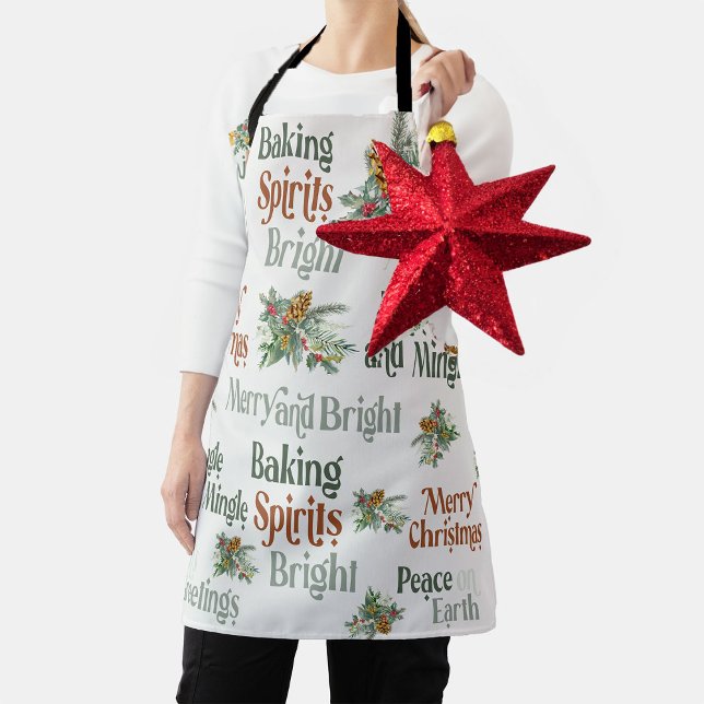 Holly and Pine Cones Christmas Typography Apron (Baking Spirits Bright Apron for the Holiday Season with Holly and Pine Cone Bouquets)