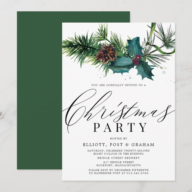 Holly and Pine Corporate Christmas Party Invitation (Front/Back)