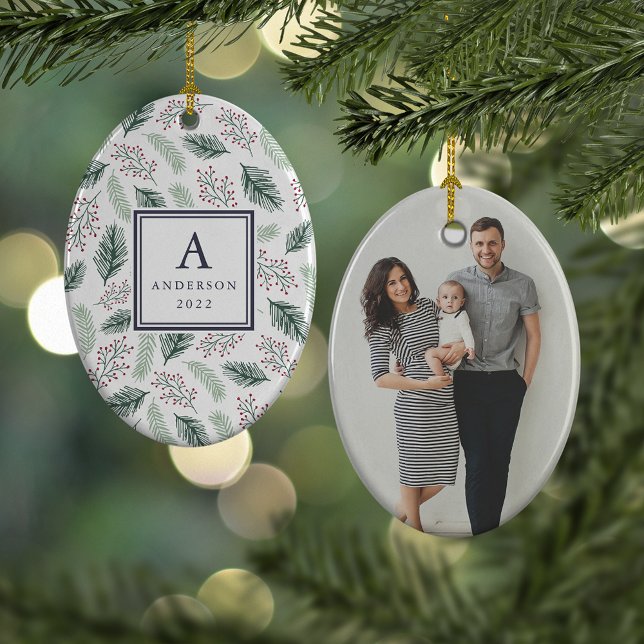 Holly and Pine Monogram & Photo Double Sided Ceramic Tree Decoration (Creator Uploaded)