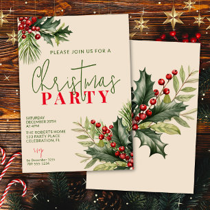 Holly and Pine on Beige Christmas Party Invitation