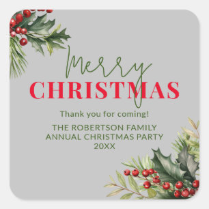 Holly and Pine on Grey Christmas Party Favours Square Sticker
