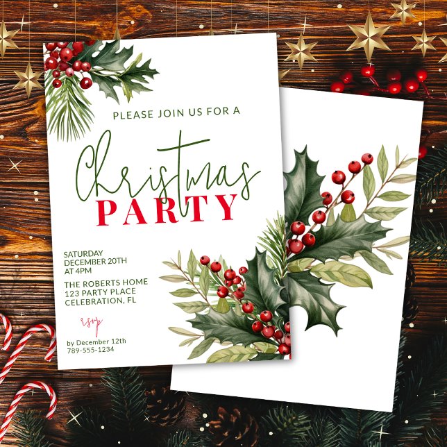 Holly and Pine on White Christmas Party Invitation (Creator Uploaded)