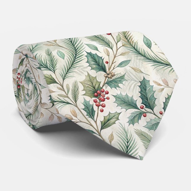 Holly and Pine Pattern - Christmas Botanical Tie (Rolled)