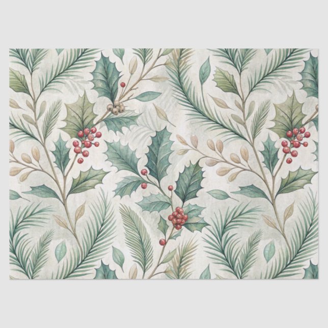 Holly and Pine Pattern - Christmas Botanical Tissue Paper (Front)