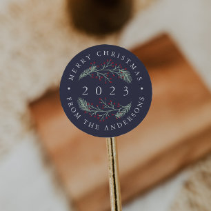 Holly and Pine   Personalised Merry Christmas Classic Round Sticker