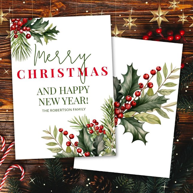 Holly and Pine Red Berries White Christmas Card (Creator Uploaded)