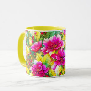Holly and Pink Floral Art Holiday Mug Cup
