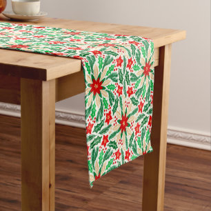 Holly and Poinsettia Botanical Holiday Pattern Short Table Runner