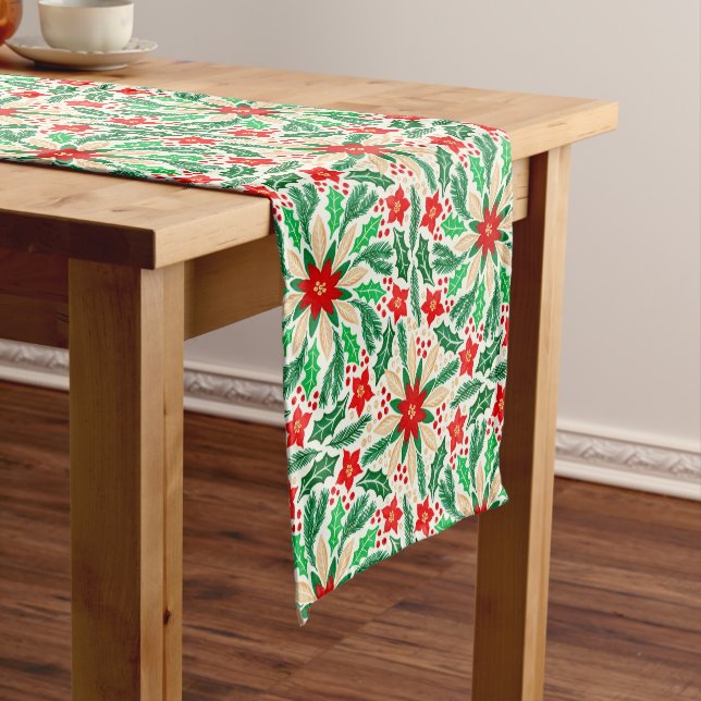 Holly and Poinsettia Botanical Holiday Pattern  Short Table Runner (In Situ)